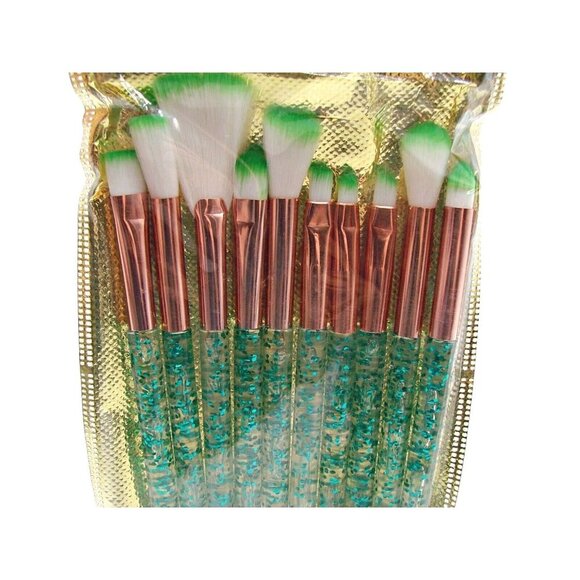 NEW Set of 10 Cosmetic MakeUp Brushes Green Glittered Acrylic Handle Sealed Pkg - Picture 2 of 7